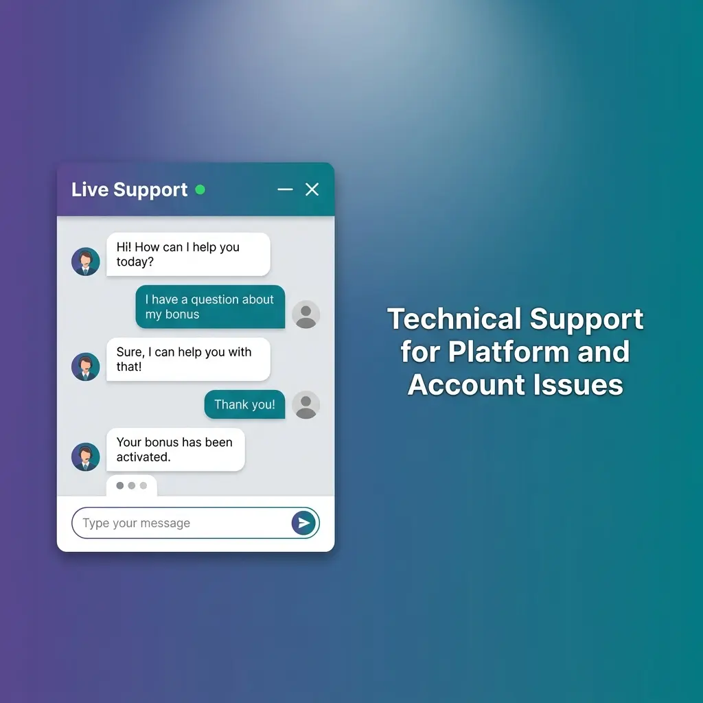 Technical support team resolving platform errors, payment failures, and account issues via live chat or email, available 24/7
